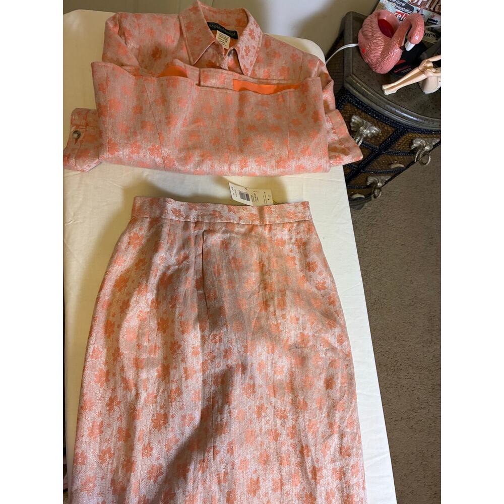 100% Linen NWT Harve Benard Floral Skirt Suit Set Peach Size 10 Vintage Style